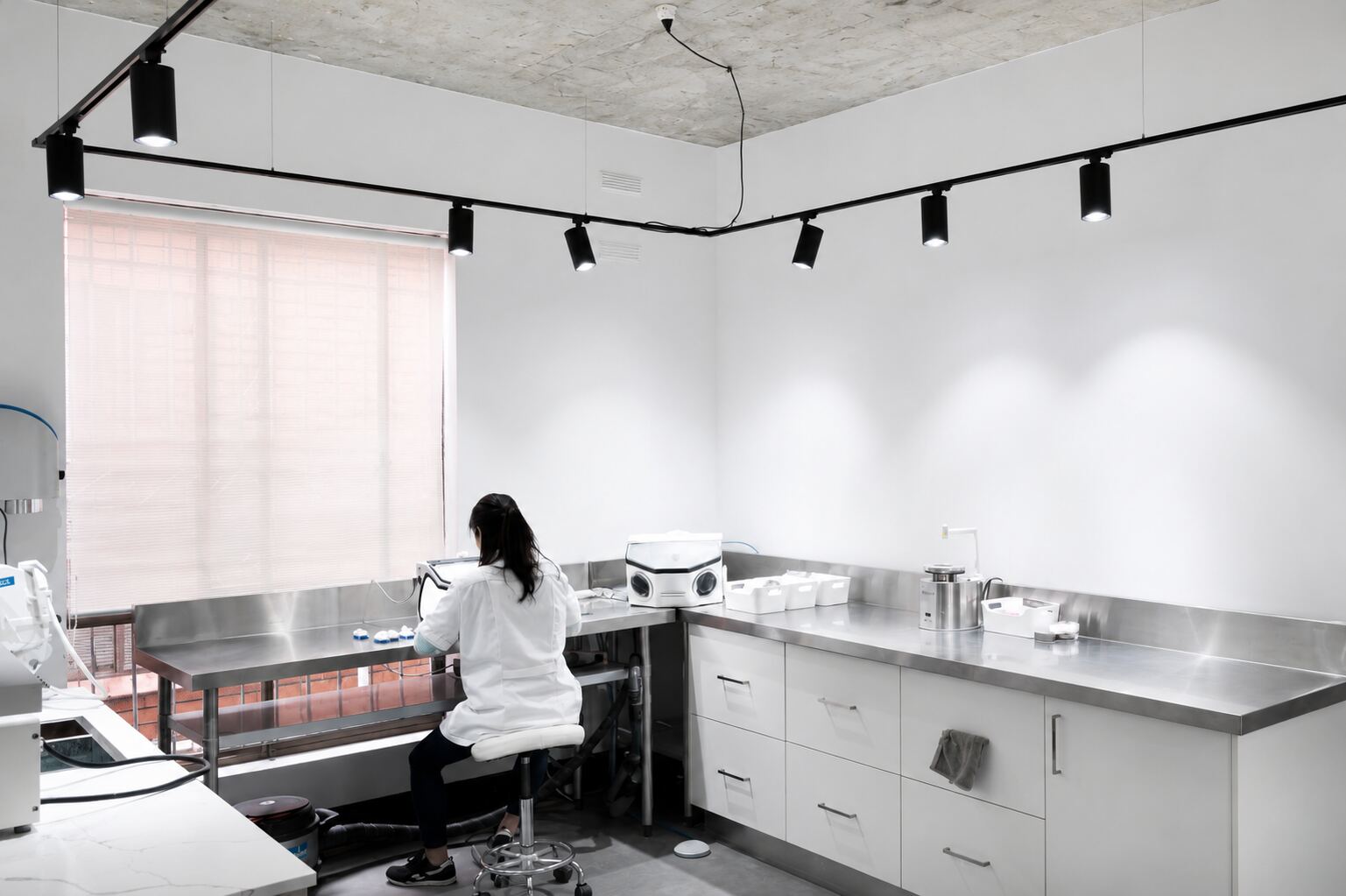 Inside the Oatley lab — ceramist at the bench with stainless steel workstations